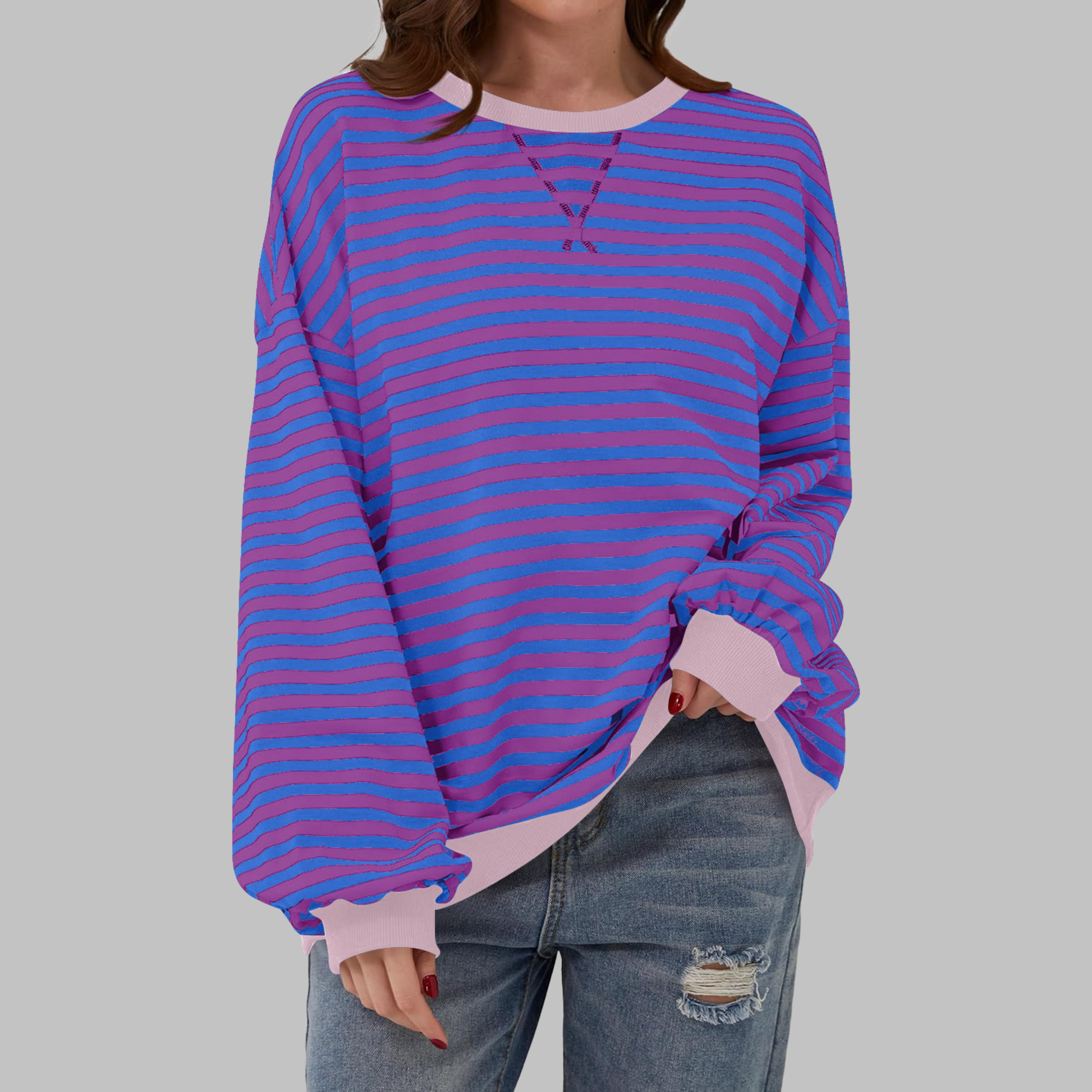 Lara - Sweatshirt casual às riscas de manga comprida e gola redonda