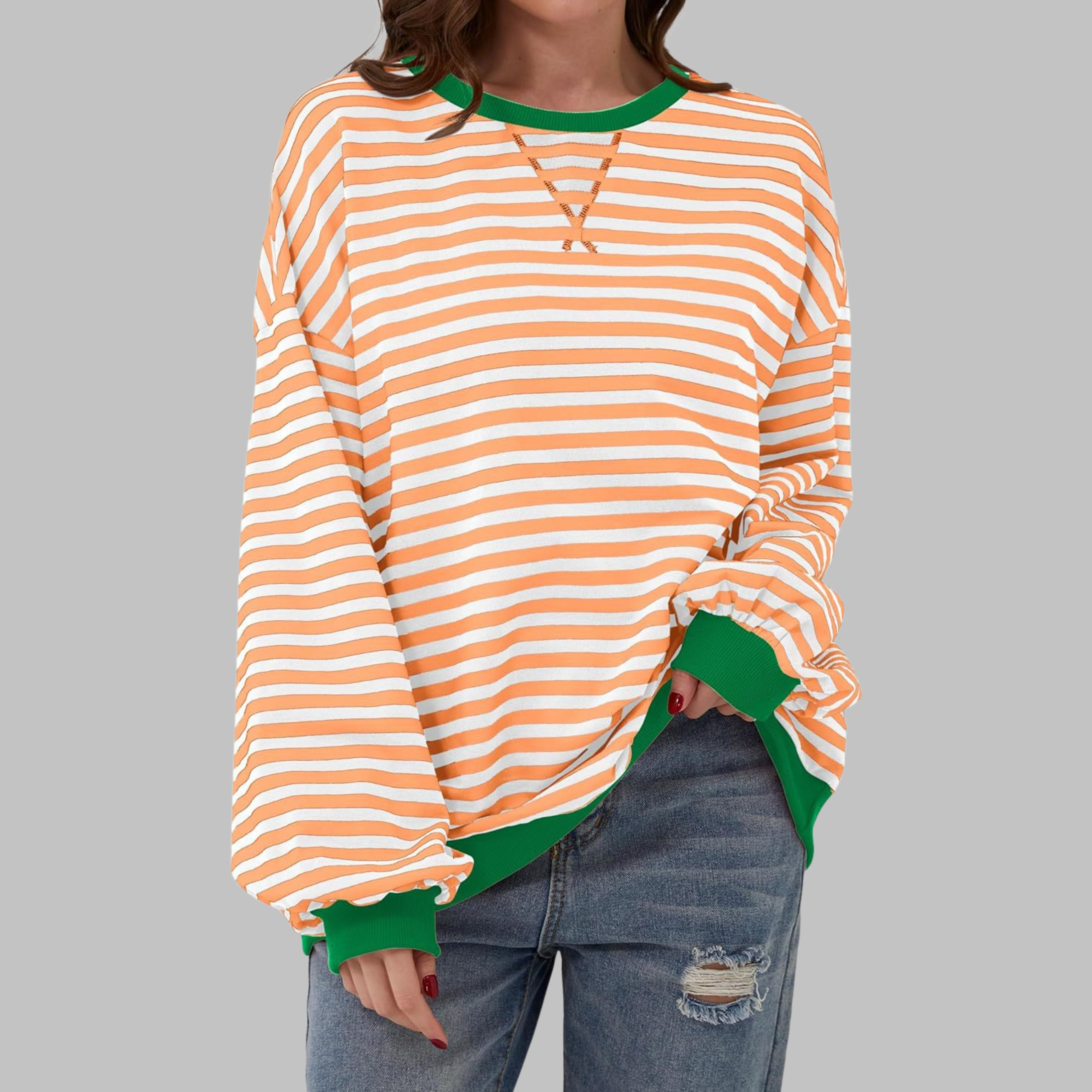 Lara - Sweatshirt casual às riscas de manga comprida e gola redonda