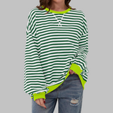 Lara - Sweatshirt casual às riscas de manga comprida e gola redonda