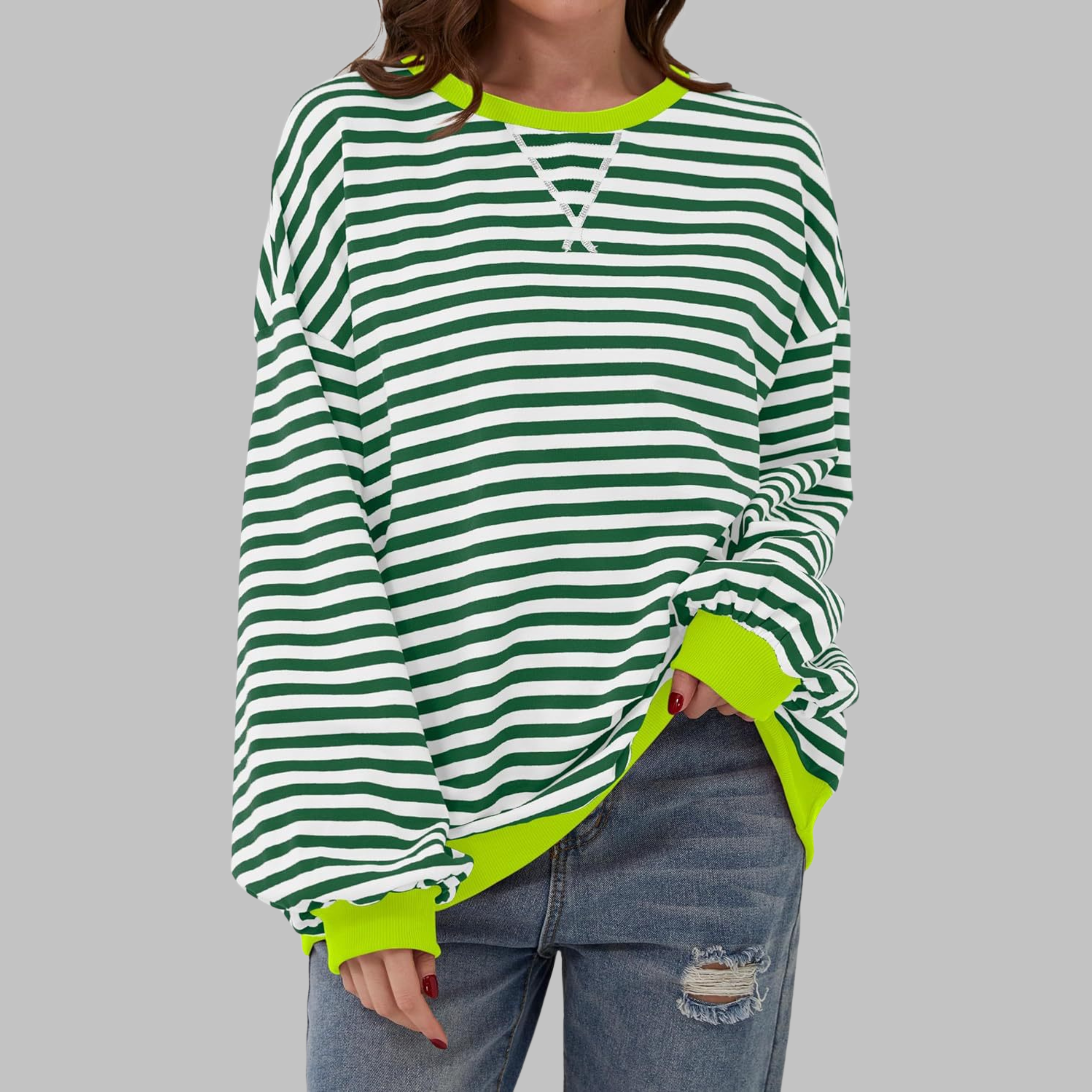 Lara - Sweatshirt casual às riscas de manga comprida e gola redonda