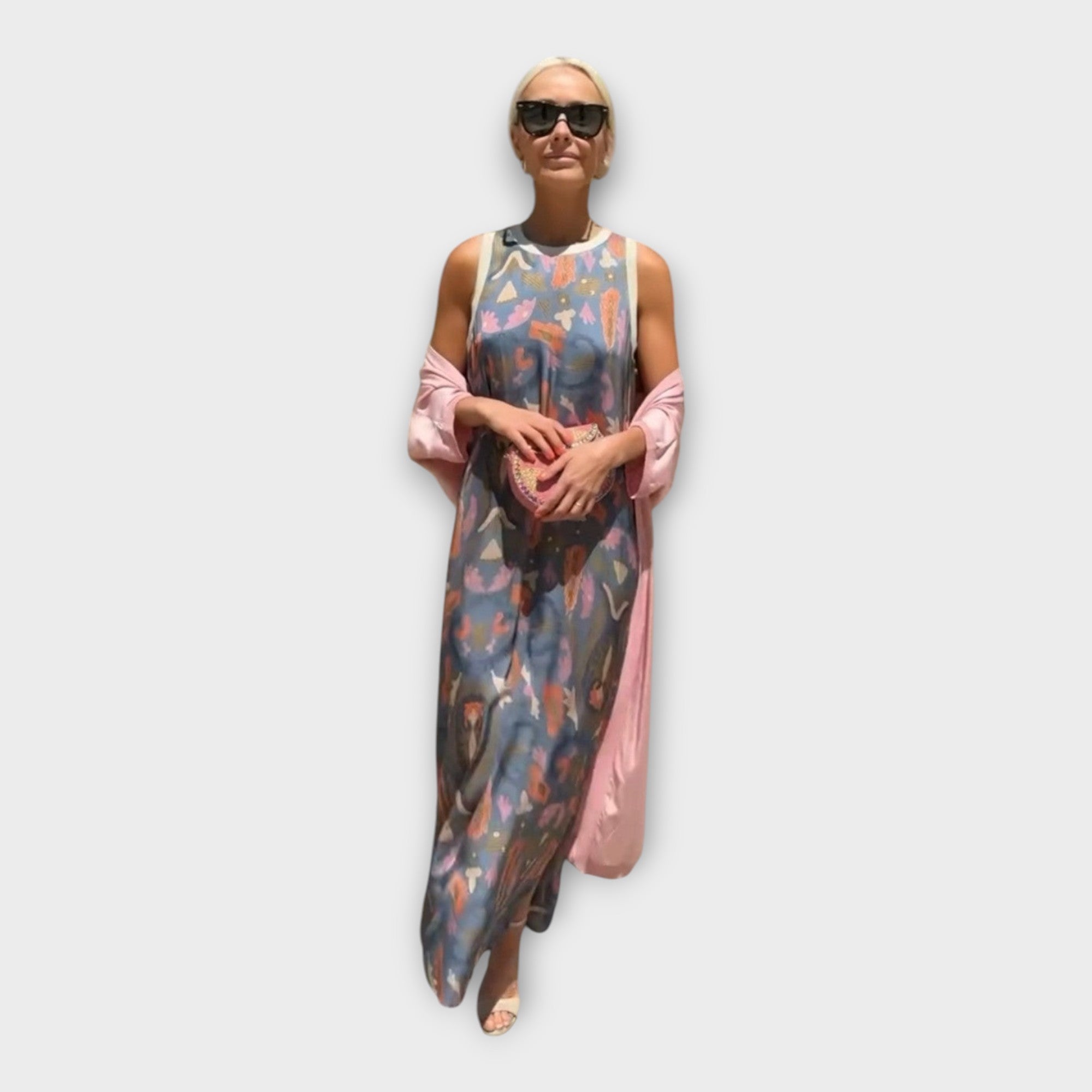 Vestido comprido com estampa artística