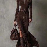 Kelsia -Vestido comprido castanho vintage