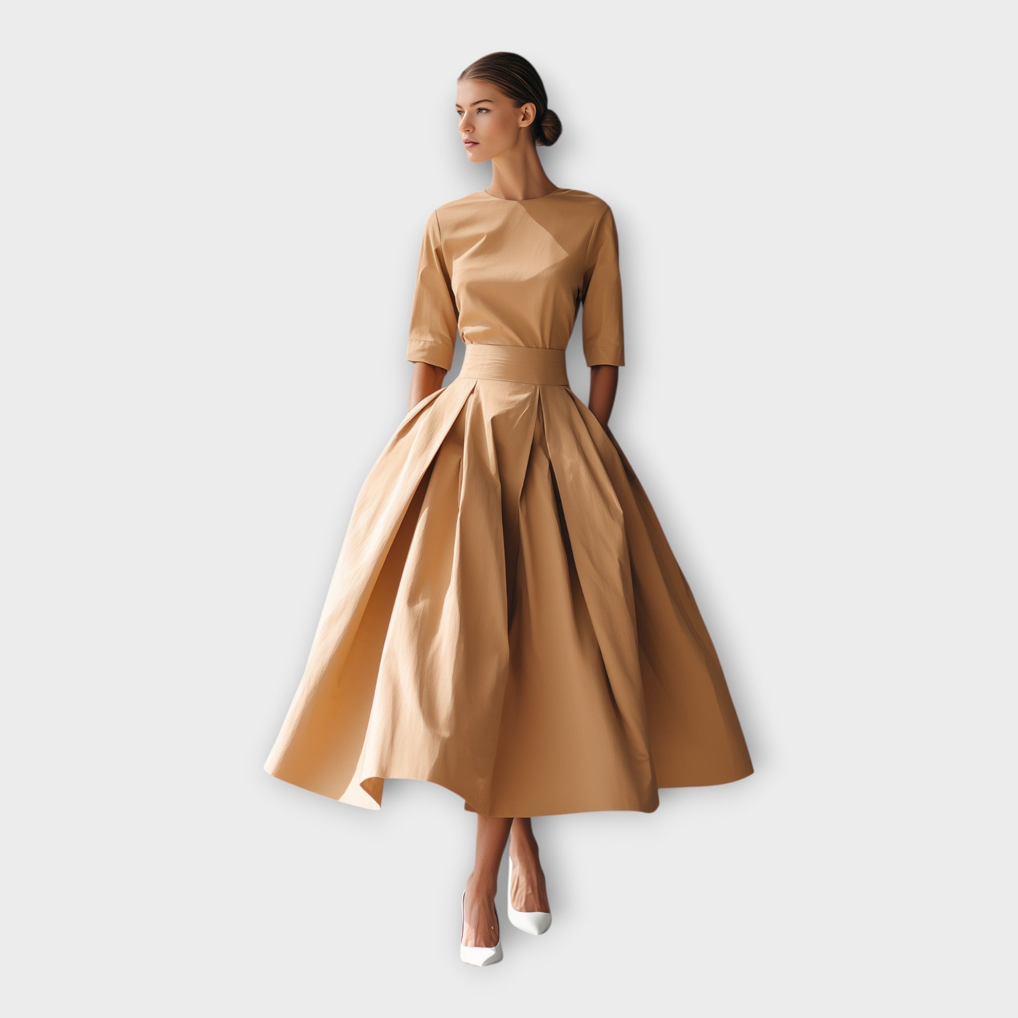 Vestido midi com estética minimalista sofisticada