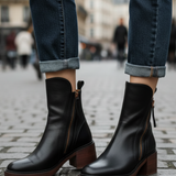 Valorine - Bota em pele preta com salto confortável, elegante e intemporal