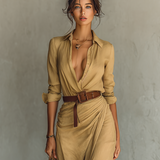 Leila - Vestido longo longo com gola de lapela e cinto embutido