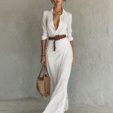 Leila - Vestido longo longo com gola de lapela e cinto embutido