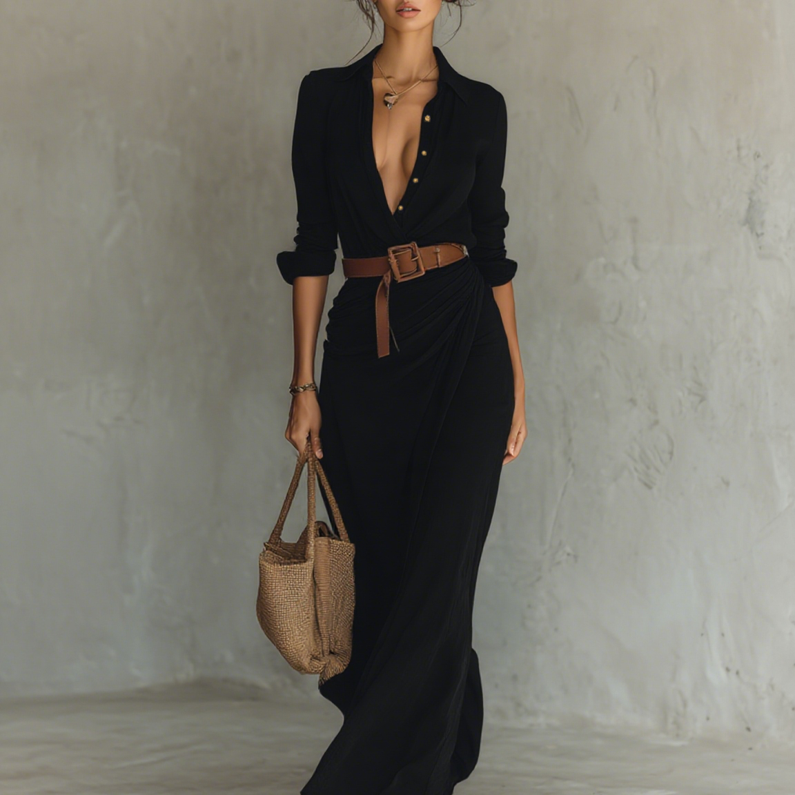 Leila - Vestido longo longo com gola de lapela e cinto embutido