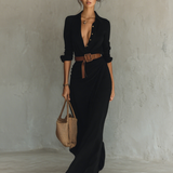 Leila - Vestido longo longo com gola de lapela e cinto embutido