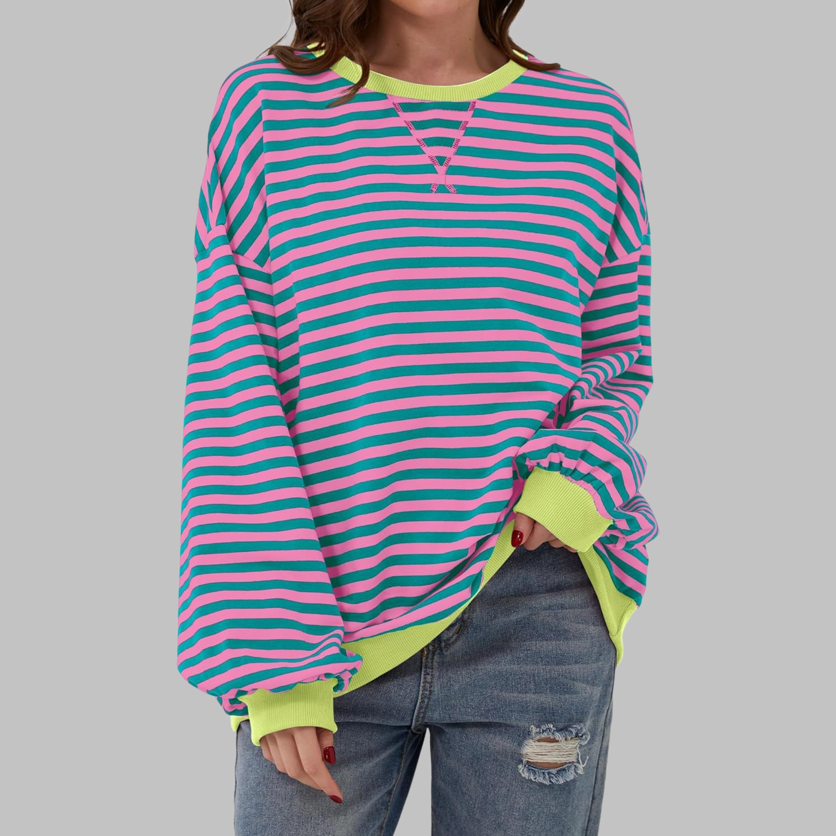 Lara - Sweatshirt casual às riscas de manga comprida e gola redonda