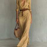 Leila - Vestido longo longo com gola de lapela e cinto embutido
