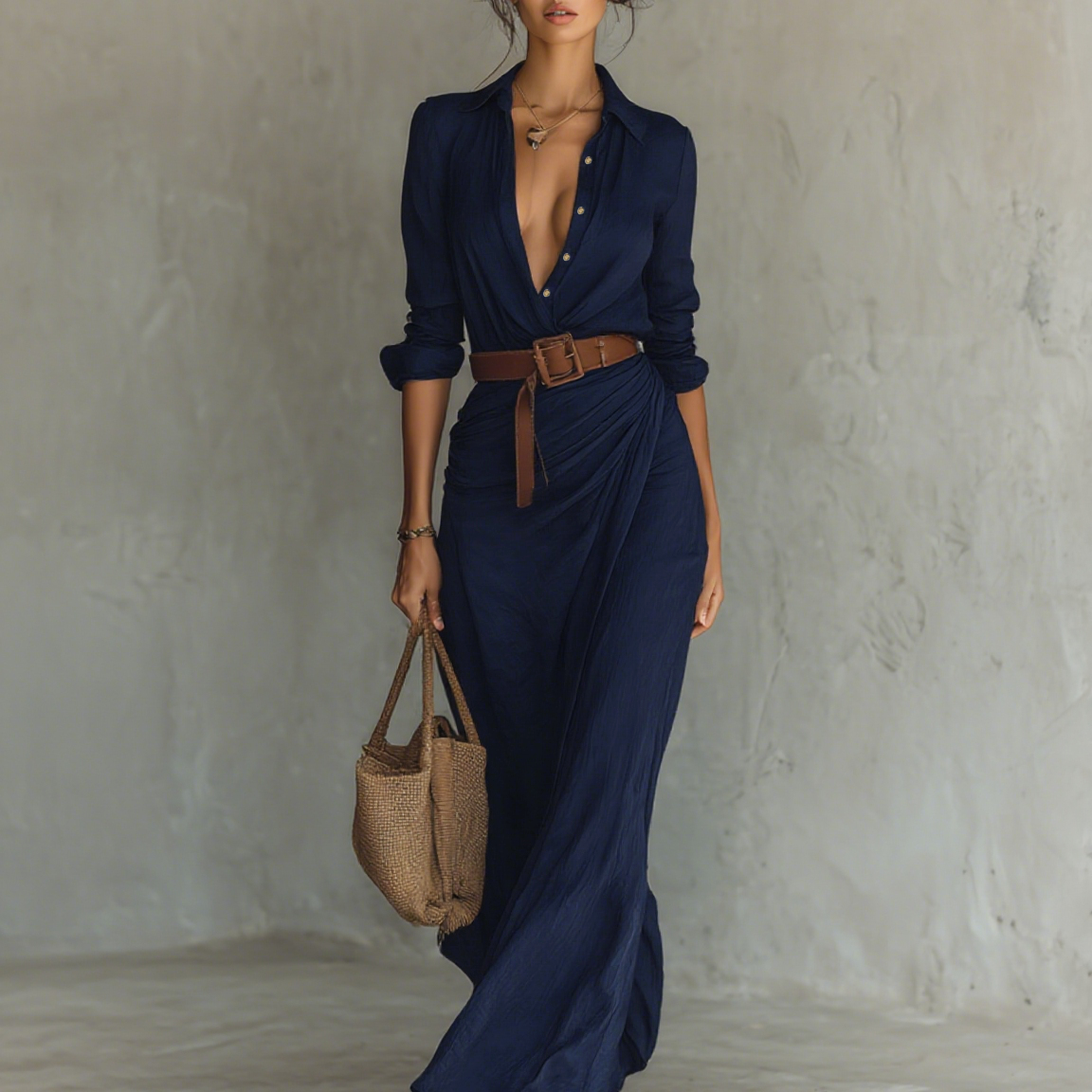 Leila - Vestido longo longo com gola de lapela e cinto embutido