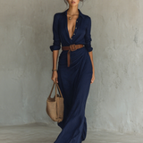 Leila - Vestido longo longo com gola de lapela e cinto embutido