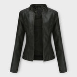 Elegante casaco de cabedal com linhas modernas e estética intemporal