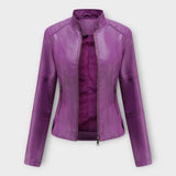 Casaco de couro curto moderno com zíper