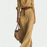 Leila - Vestido longo longo com gola de lapela e cinto embutido