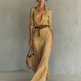 Leila - Vestido longo longo com gola de lapela e cinto embutido
