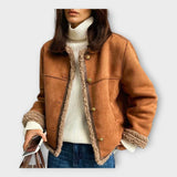 Elegante casaco de cabedal com forro quente e estilo intemporal