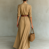 Leila - Vestido longo longo com gola de lapela e cinto embutido